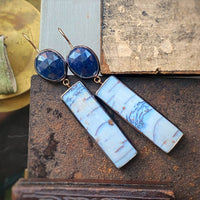 Copper in Petrified Wood and Sapphire Earrings